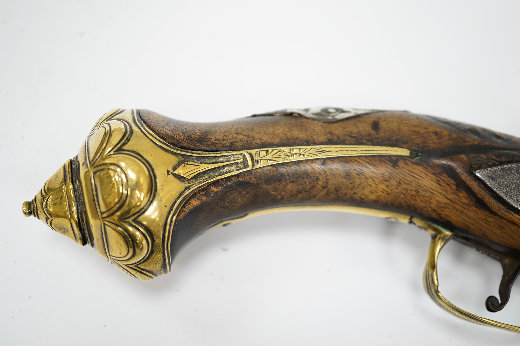 A Turkish flintlock Kubar pistol, with fully stocked brass mounts, polished steel lock and barrel (well worn), barrel 31cm, and a double barrel 12 bore percussion pistol cut down from a sporting gun, barrel 26.5cm, (2).
